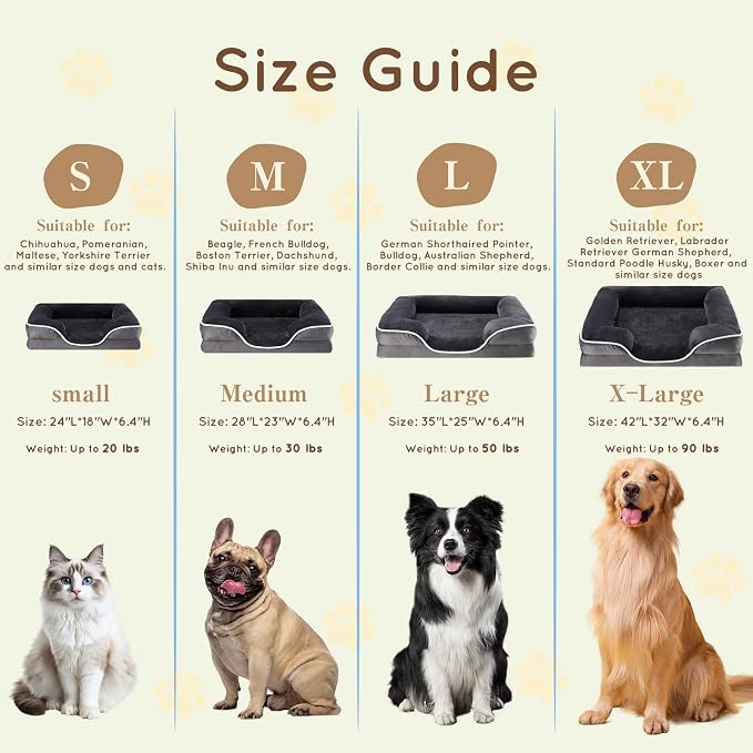 FluffyDream 42 inch Memory Egg-Crate Foam Dog Bed, Orthopedic Pet Couch Bed with Washable Removable Cover, Grey
