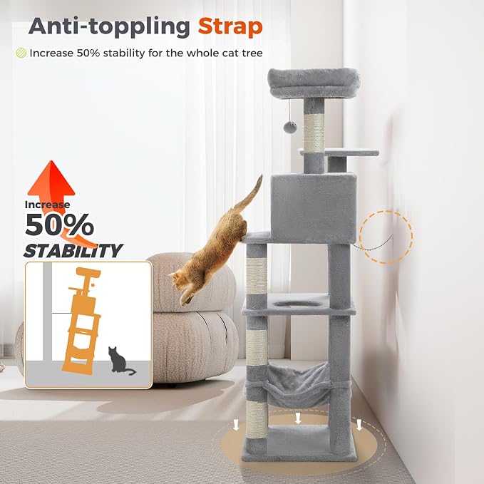 PEQULTI 56.3'' Cat Tree for Indoor Cats, Multi-Level Cat Tower with 2 Top Perch, Cat Condo, Hammock and Sisal-Covered Scratching Post