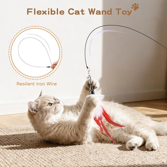 Pawaboo Feather Teaser Cat Toy, Interactive Wands Cats Toy Flying Feathers Cat Catcher with Extra Long 34.5" Wand and Small Bell, Playing Toys, 1 Wand + 6 Feathers, Multi-Color Feather Blend