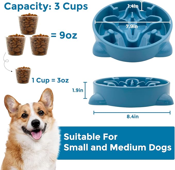 VANNON Slow Feeder Dog Bowls Durable Puzzle Feeder Non Slip Dog Food Dish Bloat Stop Food Bowls for Small Medium Dogs, 3 Cups, BPA Free, Blue