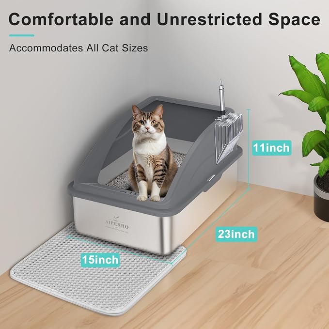 AIPERRO Stainless Steel Litter Box | XL Metal Cat Litter Boxs with Lid | Enclosed High Sided for Big Cats | Anti-Urine Leakage | Non-Stick & Easy to Clean with Litter Mat & Metal Scoop (Dark Gray)