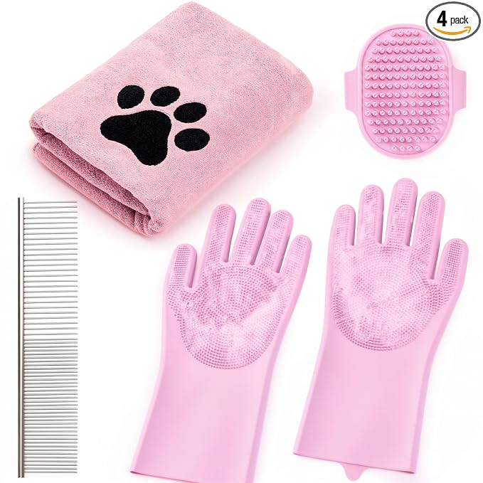 Pet Shower & Bath Supplies，Dog Shampoo Brush Set with Towel, Washing Gloves,Comb for Dogs and Cats (PINK)