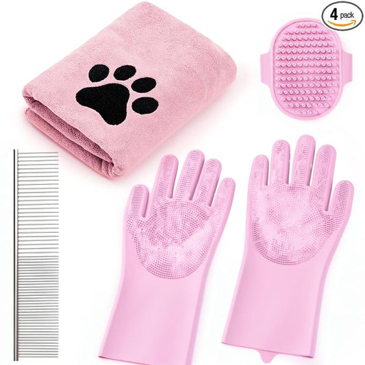 Pet Shower & Bath Supplies，Dog Shampoo Brush Set with Towel, Washing Gloves,Comb for Dogs and Cats (PINK)