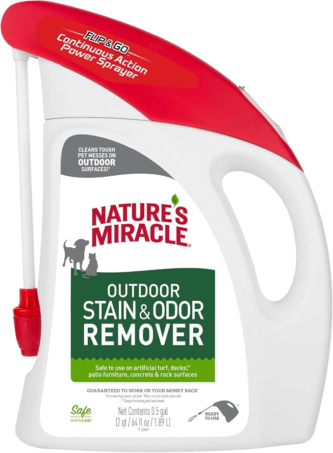 Nature's Miracle Outdoor Pet Stain & Odor Remover, 64 oz Flip & Go Sprayer | For Outdoor Dog & Cat Messes, Cleans Dog and Cat Pee, Poop, Vomit, Drool, Use On Decks, Patio Furniture, Concrete & More