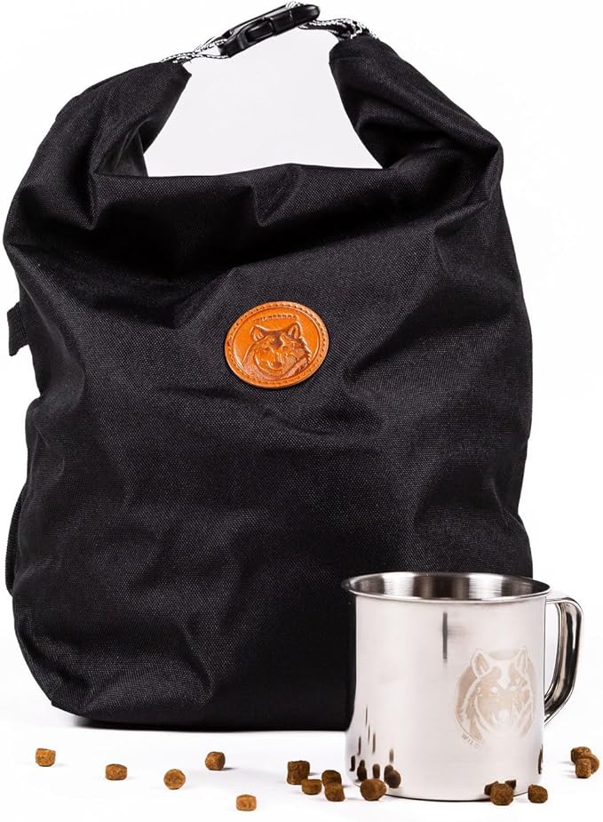 Wilderdog Doggie Bag - Water Resistant, Portable Kibble Carrier & Stainless Steel Mug - Black