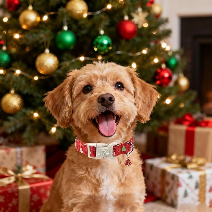 Christmas Dog Collar - Cute Red Christmas Tree Festive Puppy Collar with Safety Buckle, Soft Adjustable Holiday Dog Collars for Small Medium Large Dogs XS