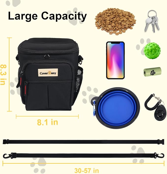 Dog Treat Pouch Open Top for Quick & Spill-Proof Access, Removable Pouch|Poop Bag Dispenser|3 Ways to Wear, Dog Treat Bag - Collapsible Bowl, Training Clicker & Poop Bag for Training & Walking-Black.