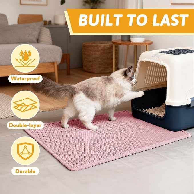Pieviev Litter Box Mat, Double-Layer Urineproof Design, 30" x 24" Pink | Honeycomb Litter Trapping Mat Captures Scattered Particles to Stop Tracking, Waterproof Base Protects Floors, Easy to Clean