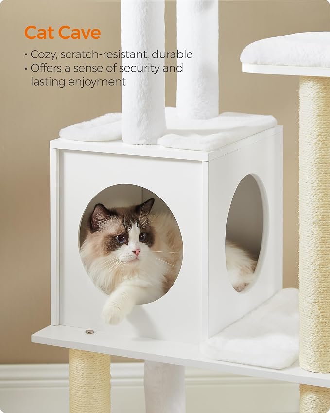 Feandrea Cat Tree, 65-Inch Multi-Level Tower with 5 Scratching Posts | Modern Cat Condo for Indoor Cats, Perch, Washable Removable Cushions, Cloud White, CAEN Collection UPCT166W01