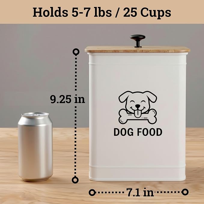 Metal Dog Food Container 5-7lb, 25 Cup w/ Airtight Bamboo Lid, Metal Handle | Pet Jar For Dogs up to 50lbs, Airtight Bamboo Lid, Sturdy Comfortable Metal Handle, Powder Coated Iron, Kibble Storage Bin