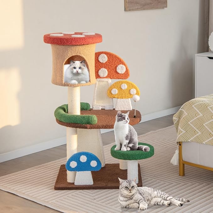 Tangkula Patented Mushroom Cat Tree, Cute Cat Tower with Full-Wrapped Sisal Post, Scratching Board & Spring Ball, Cat Condo, Flower Cat Tree Tower for Indoor Cats Large Adult (40.5 Inch)