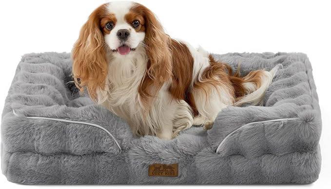 COZY KISS Orthopedic Dog Bed for Medium Small Size Dog, Soft and Warm Faux Fur Sofa for Pet Up to 40 lbs, Foam Bolster Anti-Slip Couch with Washable Removable Cover, M 30x20x6.5 inch, Grey