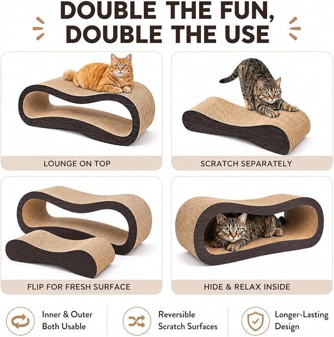 2 in 1 Large Cardboard Cat Scratcher Lounger，Cat Scratching Board for Indoor Cats,100% Recyclable&Reversible Horizontal Scratching Pads Prevents Furniture Damage,Brown
