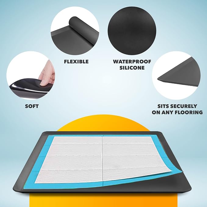 Skywin TidyFriend 2 Pack Dog Pee Pad Holder - Fits Up to 24” x 24” Pee Pad Holder for Dogs - Stable Grip, Soft Edges, Quick Wipe Silicone Surface Dog Pad Holder for Indoor Flooring Protection (Black)