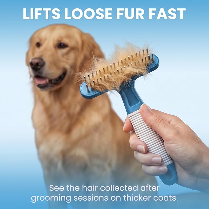 POODLIE Poodle Pet Dog Grooming Rake | Dematting Tool with Stainless Steel Shedding Comb for Pets | 2 Rows of Pins Gently Remove Loose or Tangled Hair from Undercoat (Blue)