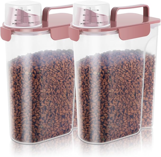 LEAWALK 5Lbs Airtight Pet Storage Container For Cat Dog Bird Food and Keep Fresh, Translucent Body, Upgraded Large Nozzle for Easy Pouring With Handle Design Easy to Carry When Going Rose pink 2pack