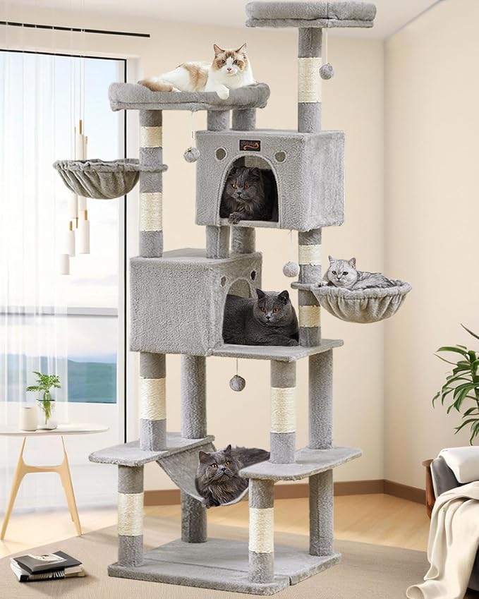 74in Cat Tree Tower for Indoor Cats, Multi-Level Design | 2 Roomy Condos, 2 Cozy Baskets, 2 Padded Perches, 9 Sisal Scratching Posts, Hammock, Hanging Toys, Wide Base, Easy Assembly