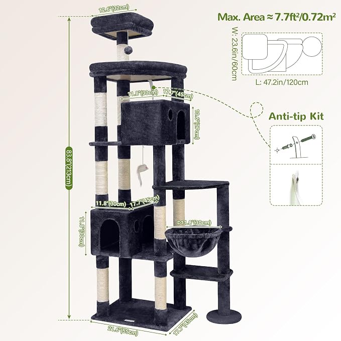Globlazer Giant Cat Tree for Indoor Large Cats, 83in, F83, Dark Grey | XXL Cat Tower with 9 Scratching Posts for 20lb+ Heavy Duty Large Adult Cats
