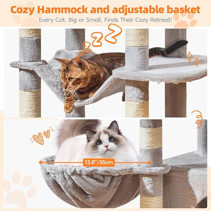 Taoqimiao Large Cat Tree, 73 in Tall Cat Tower with 2 Plush Big Cat Condos | 9 Scratching Posts, 2 Top Perches, Cozy Hammock & Basket, Indoor Cats, 2 Pompoms & Mouse Toy, Light Gray, MS013XLW