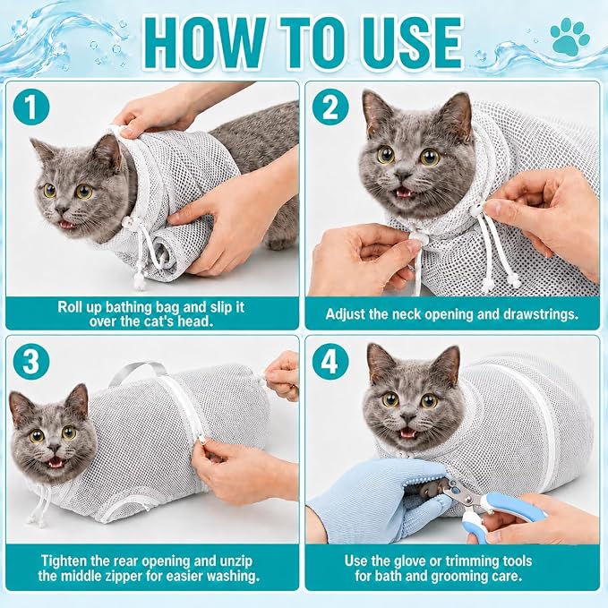 Cat Bathing Set with Pet Grooming Gloves for Cat Grooming, Upgraded Breathable Cat Bag for Bath with Openable Zipper and Reinforced Handle, Cat Washing Set with Nail Clipper File (Gray)