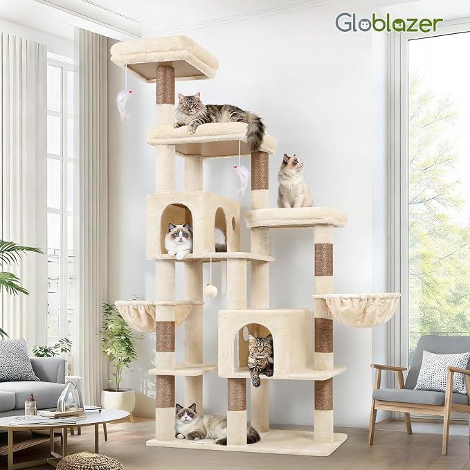 Globlazer 74in Large Sturdy Cat Tree for Large Cats, F74F, Dark Grey | Tall Maine Coon Cat Tower for Indoor Cats Large Adult with 8 Scratching Posts, 2 Spacious Cat Condos, 3 Perches