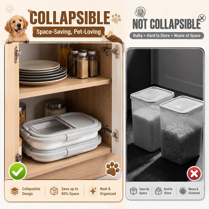 Sawysine 2 Pack 35Lbs & 20Lbs Airtight Dog Food Storage Container | Collapsible Design, with Attachable Casters, for Pet Food, Cat Litter, Rice Storage, Keep Dry Food Fresh, Easy to Move