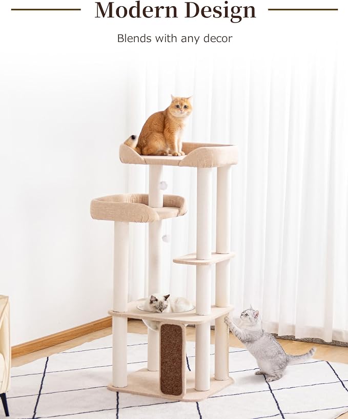 53'' Cat Tree for Large Cat, Modern Senior Friendly Cat Tower with Wide Shelves Low Step, Cotton Scratching Posts, Super Sturdy Base, Cozy Perches, and Interactive Toys (Ivory)