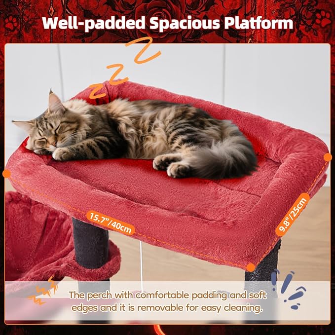 Taoqimiao Gothic Cat Tree, 38.5In Cat Tower for Indoor Cats, for Kittens | Thick Padded Top Perch, Luxurious Cat Condo, Adjustable Basket, 1-Piece Ramp Scratcher, 3 Natural Sisal Posts, MS029SBR