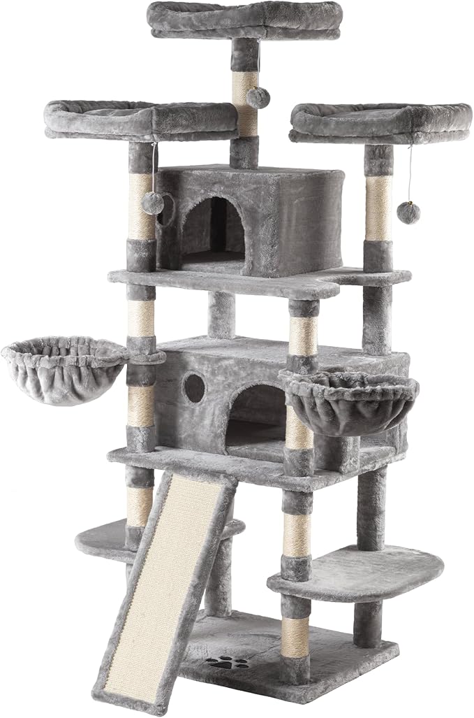 68 Inches Multi-Level Large Cat Tree for Large Kitties/Big Cat Tower with Condo/Cozy Plush Perches/Sisal Scratching Posts and Hammocks/ ‌Feline Activity Center Play House/Grey