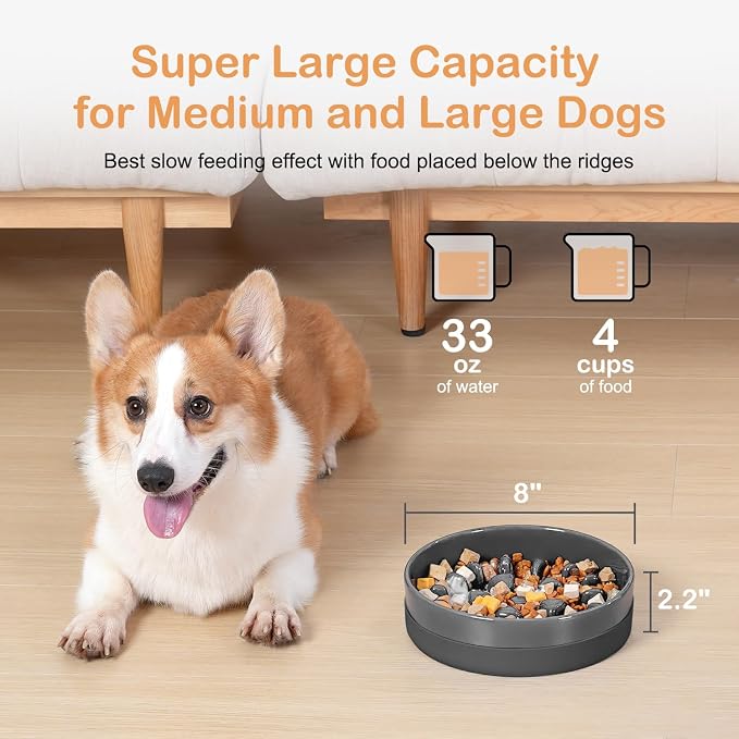 Sted Ceramic Slow Feeder Dog Bowls with Silicone Base, Slow Feeding Dog Bowl Small Medium Breed, Dog Food Bowls for Fast Eaters, Slow Down Eating, Puzzle Dog Food Bowl, Maze Grey