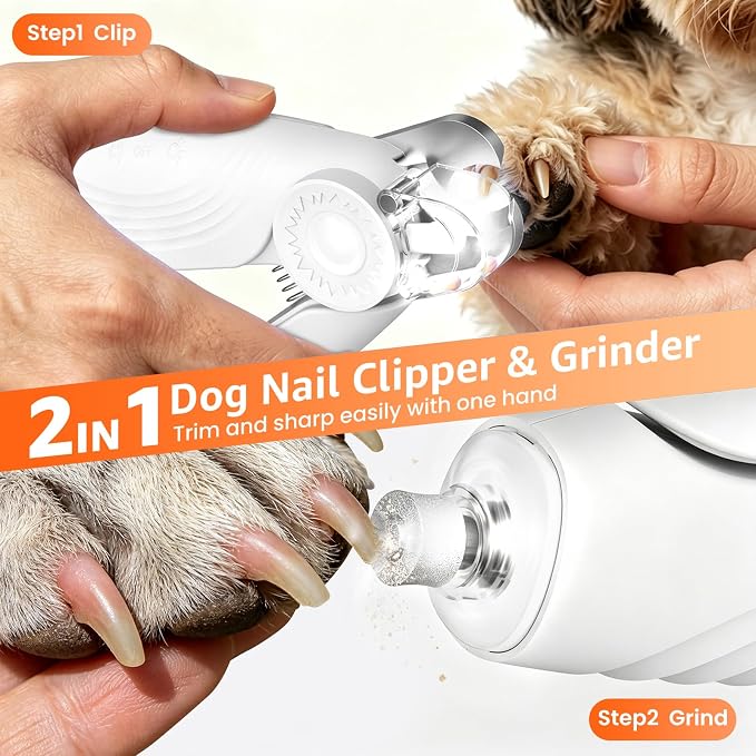 2-in-1 Dog & Cat Nail Clippers and Grinder with 2 Light, Quiet Electric Pet Nail Trimmers for Small Medium Large Dogs & Cats Claw, Safety Guard Usb Rechargeable, Professional Grooming Tool