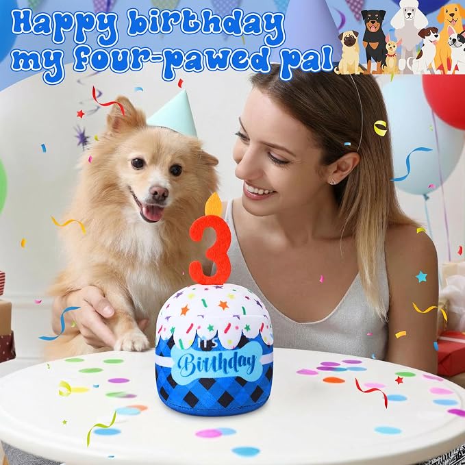 Dansydaisy Dog Birthday Cake Toy Squeaky Plush Toy for Girl Boy Gifts, Chew Accessories for Dog Birthday Party Decor Favor for Large, Medium and Small Dogs(3rd,Blue Grid)