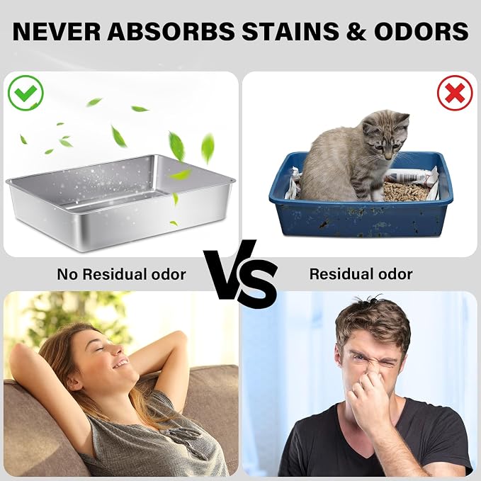Stainless Steel Litter Box, XXXL Steel Litter Box 28" X 20" X 6" No Smell, Extra Large Metal Litterbox for Big Cat, Multiple Cats, Non Stick, Easy Cleaning