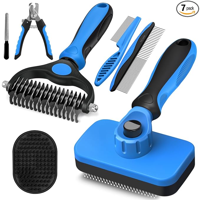Professional 7 in 1 Pet Grooming kit I Dog Brush & Cat Brush I Dog&Cat Comb I Dog&Cat Nail Clipper/Trimmers with Nail File I Dog Bath Brush I Dog&Cat Flea Comb I Pet Supplies(Deep Blue)