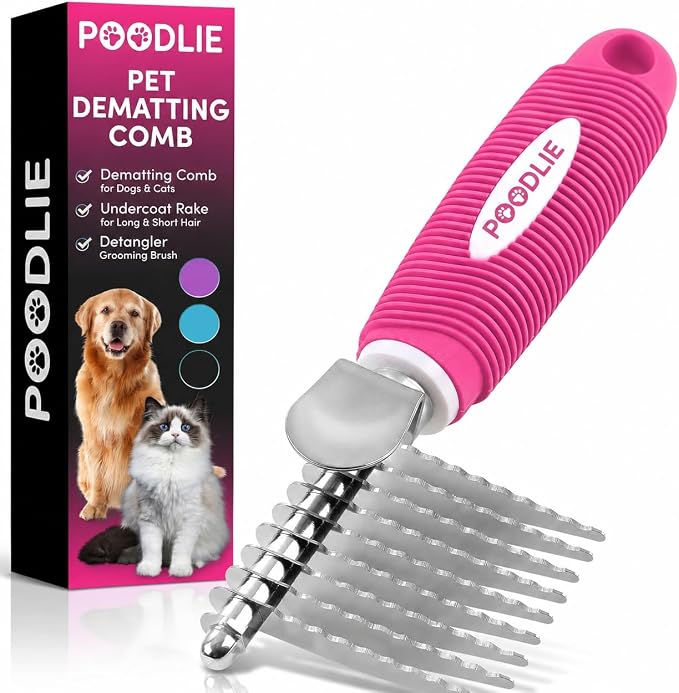 Poodle Dematting Fur Rake Comb Brush for Dogs and Cats - Long 2.5" Steel Safety Blades Metal Comb for Detangling Matted or Knotted Undercoat Hair