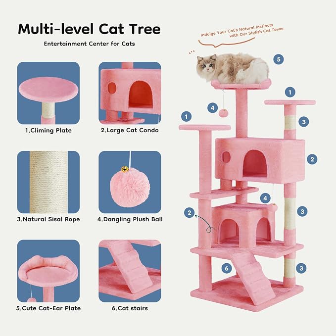 DUMOS 54-inch Cat Tree Tower with Scratching Posts, Indoor Use | Multi-Level Pet House for Large Cats with 2 Condos, Round Platform, Small Ladder and Toys, Pink