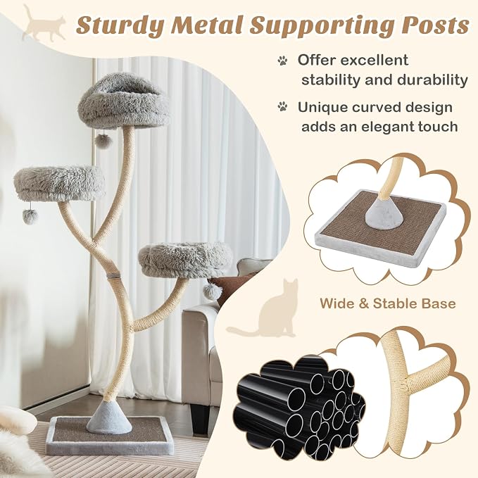 70" Tall Cat Tree, Cat Tower with Scratching Posts and Board, Multi-Level Cat Tower for Large Cats 20 lbs+ with 3 Cozy Perches and Dangling Balls, Modern Cat Tree for Indoor Cats Large Adult