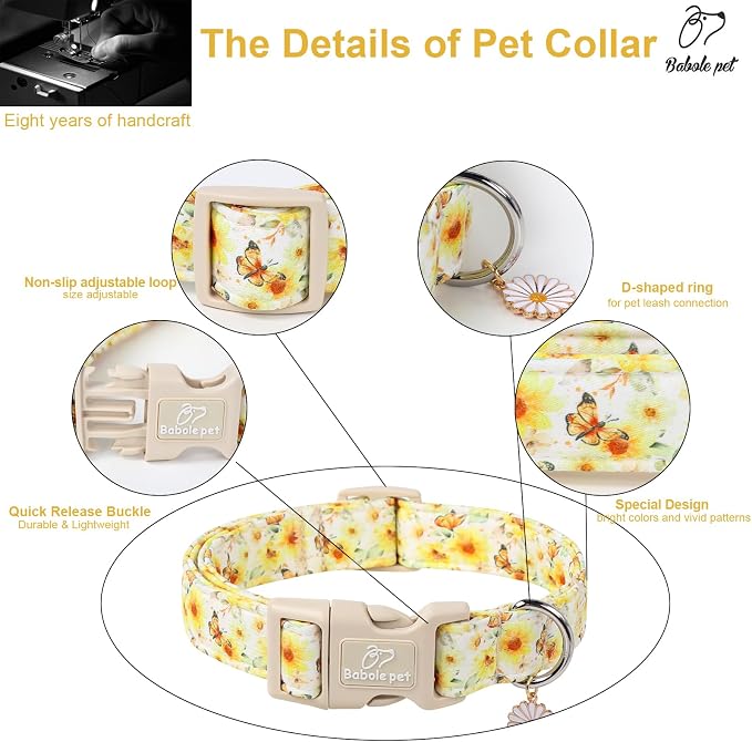 Adjustable Floral Dog Collar, Yellow Sunflower&Butterfly Dog Collars for Giant Large Dogs, Lightweight Quick-Release Buckle Collar for Boy&Girl Dogs XL