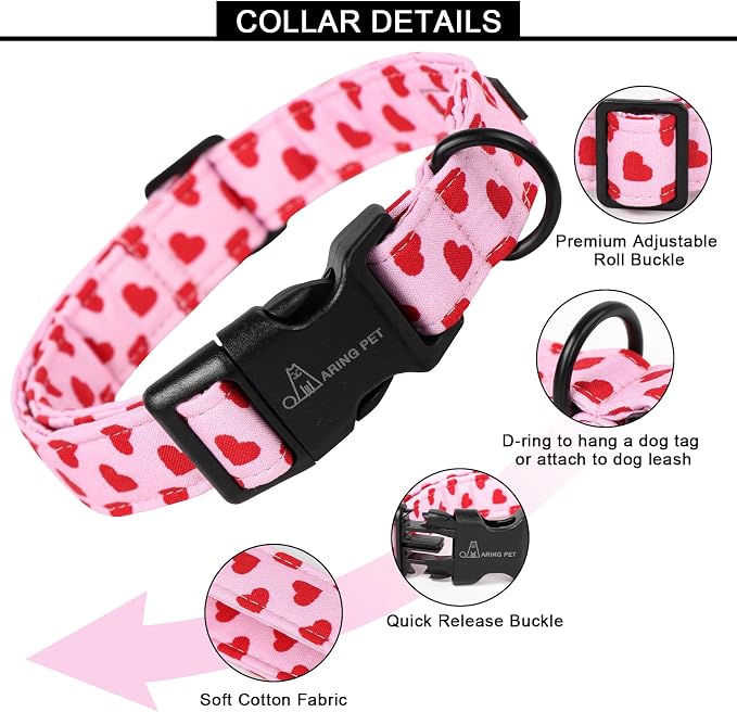 ARING PET Valentine's Day Dog Collar, Cute Pink Heart Pet Collars with Quick Release Buckle for Puppy Small Medium Large Boy Girl Dogs-L