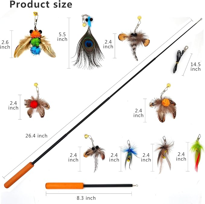 miwoowim Interactive Cat Toys - 10 PCS Cat Retractable Wand Toy and Feather Toys Refills, Enrichment Toys for Indoor Cats,Kitty Toys on a Stick,Kitten Toy Small Feather Insects