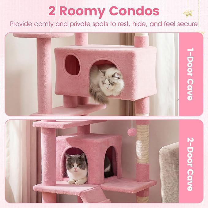 52-inch Cat Tree, Multi-Level Cat Tower with Sisal Scratching Posts, 2 Comfy Condos, Plush Padded Soft Top Perch, Dangling Balls, and Climbing Ladder, Ideal for Indoor Cats (Pink)
