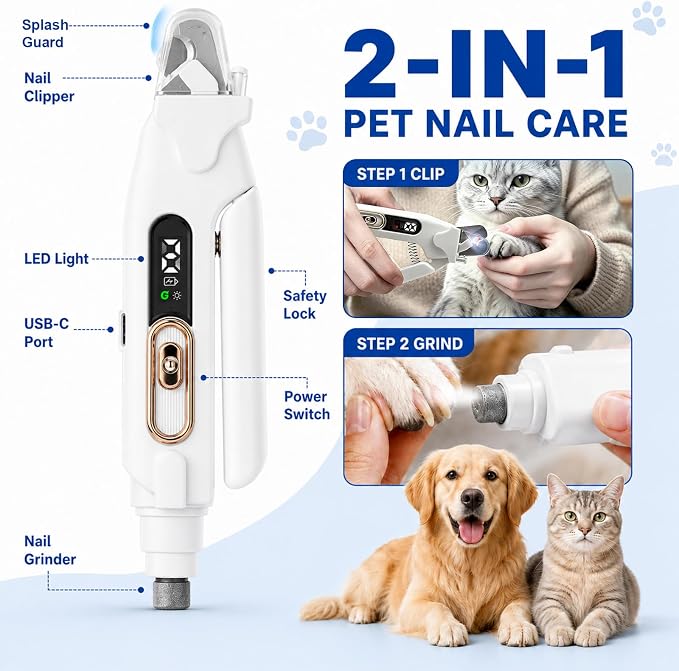 2-in-1 Dog Cat Nail Clippers & Grinder with LED Light, Pet Nail Trimmer with Splash Guard & Safety Lock, 2 Speeds USB Rechargeable Quiet Paw Nail Cutter for Large Medium Small Dogs Cats (White)