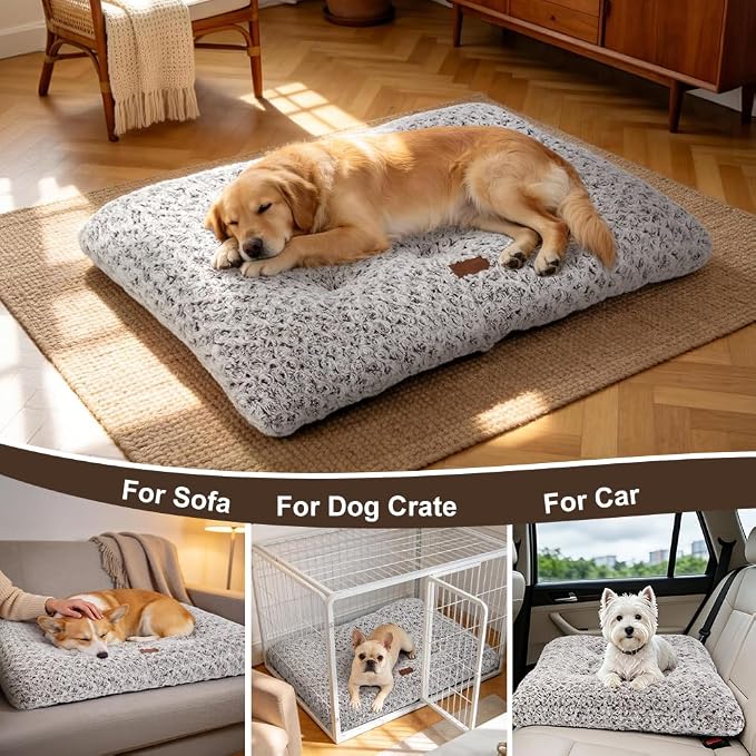 Dog Bed Crate Pad - Rosette Pattern White Velvet Pet Bed Anti-Slip Comfy Kennel Pad for Crates Rosette Brown M