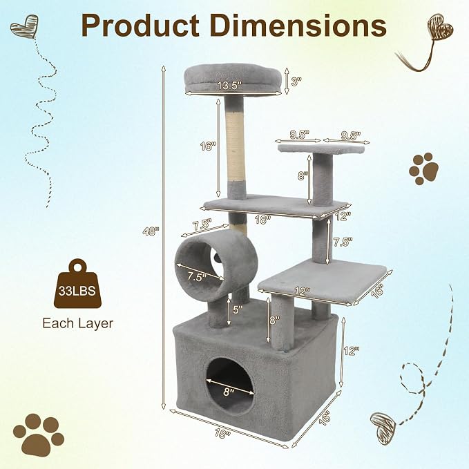 Multi-Level Cat Tree Tower, 48 Inches Tall with Sisal Scratching Posts, Condo, Tunnel with Dangling Ball Inside, Padded Top Perch, Multiple Jumping Platforms, Ideal for Indoor Cats (Grey)
