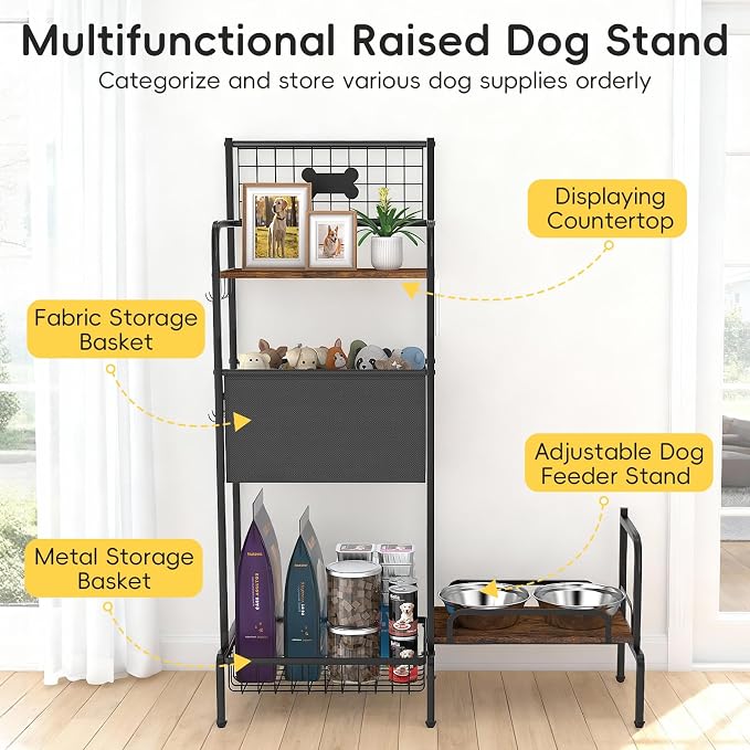 Dog Feeding Station Storage Organizer with Elevated Dog Bowl Stand | Adjustable Elevated Dog Bowl Stand, Large Toy Bin Basket, Lifted Food and Water Bowl Holder for Large Medium Small Breed