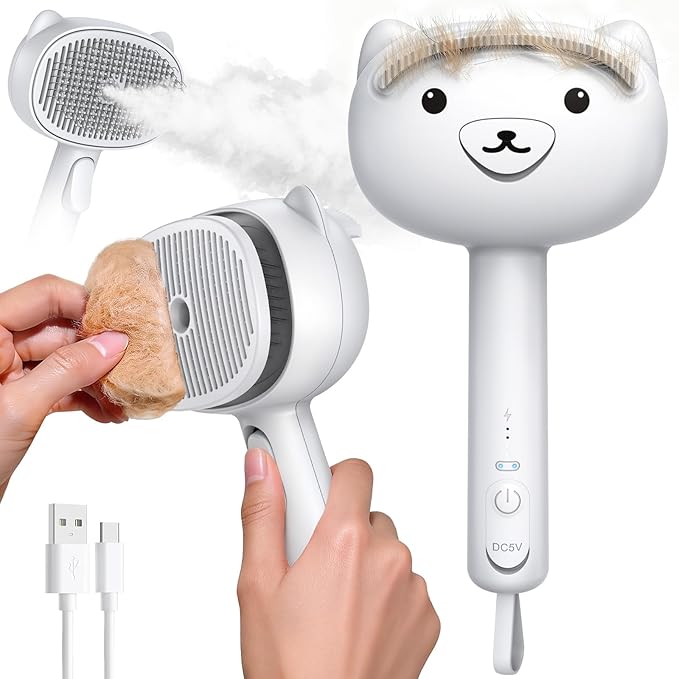 Self Cleaning Shedding Steam Cat Brush, Silicone Scraper Included | Dog Brush, primecat, Cat Brushes for Shedding, USB Rechargeable, for Grooming & Haired Pets, Dogs & Cats, White