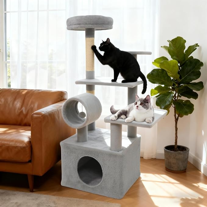 Multi-Level Cat Tree Tower, 48 Inches Tall with Sisal Scratching Posts, Condo, Tunnel with Dangling Ball Inside, Padded Top Perch, Multiple Jumping Platforms, Ideal for Indoor Cats (Grey)
