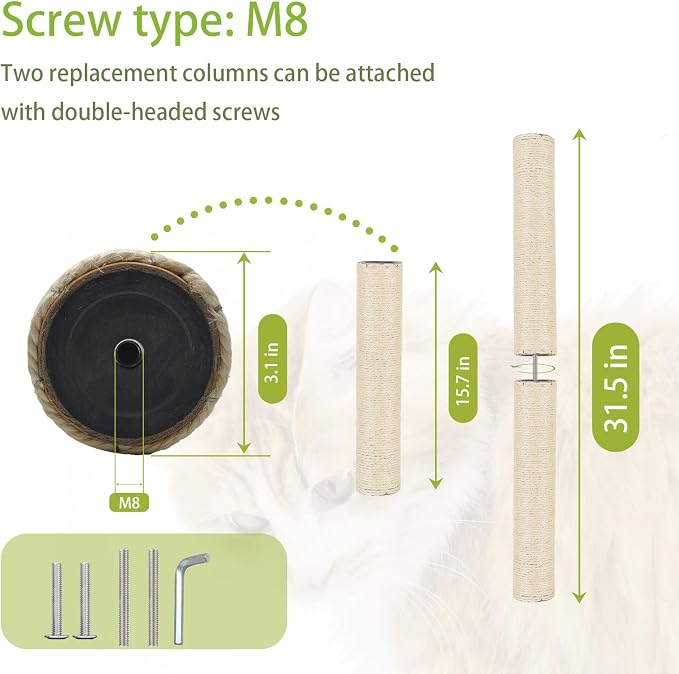 2 Pcs Cat Scratching Post Replacement for Indoor 15.7 x 3.1 Inches Cats Tree Replacement Parts Natural Sisal Cat Scratch Posts Refill Pole Part with M8 Screws Spare Cat Furniture Accessories