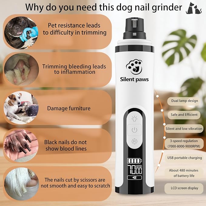 silent paws Quiet Pet Nail Grinder with LCD& Light | Quiet Dog Nail Grinder Suits Sensitive Pets. 3 Speeds Nail Trimmers for Small to Large Dogs ,Cats and Other Animals.