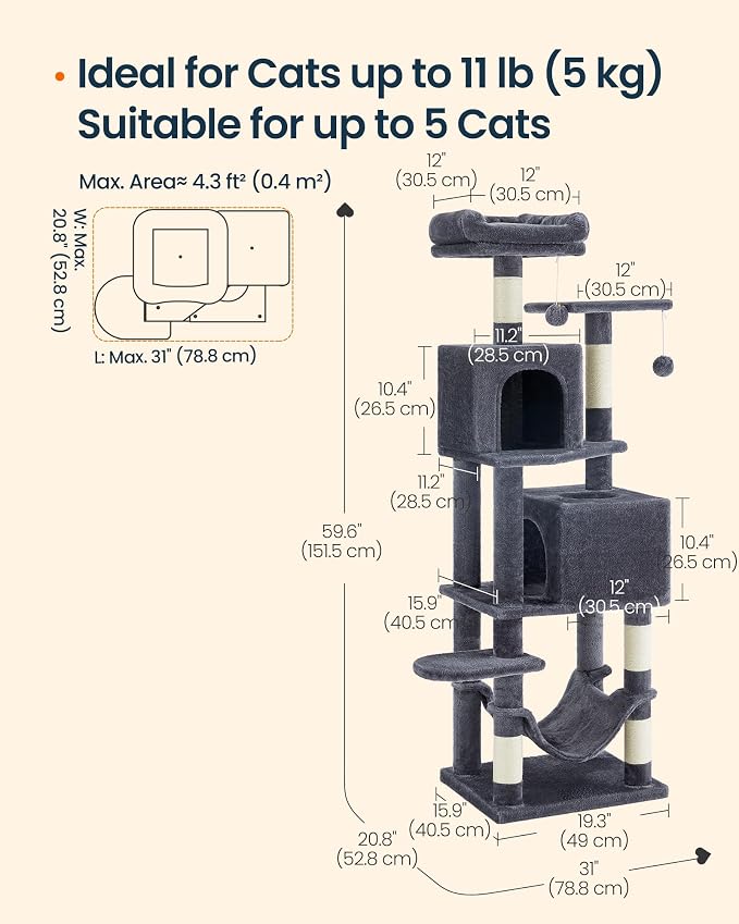 SONGMICS HOME Cat Tree for Indoor Cats, Multi-Level Cat Tower with Sisal Scratching Posts, Hammock and Condo, Dark Gray